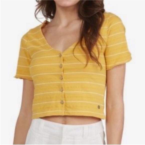 NWT Roxy Uncomplicated Mind‎ Crop Top Yellow button up short sleeve v neck XS - Picture 1 of 7